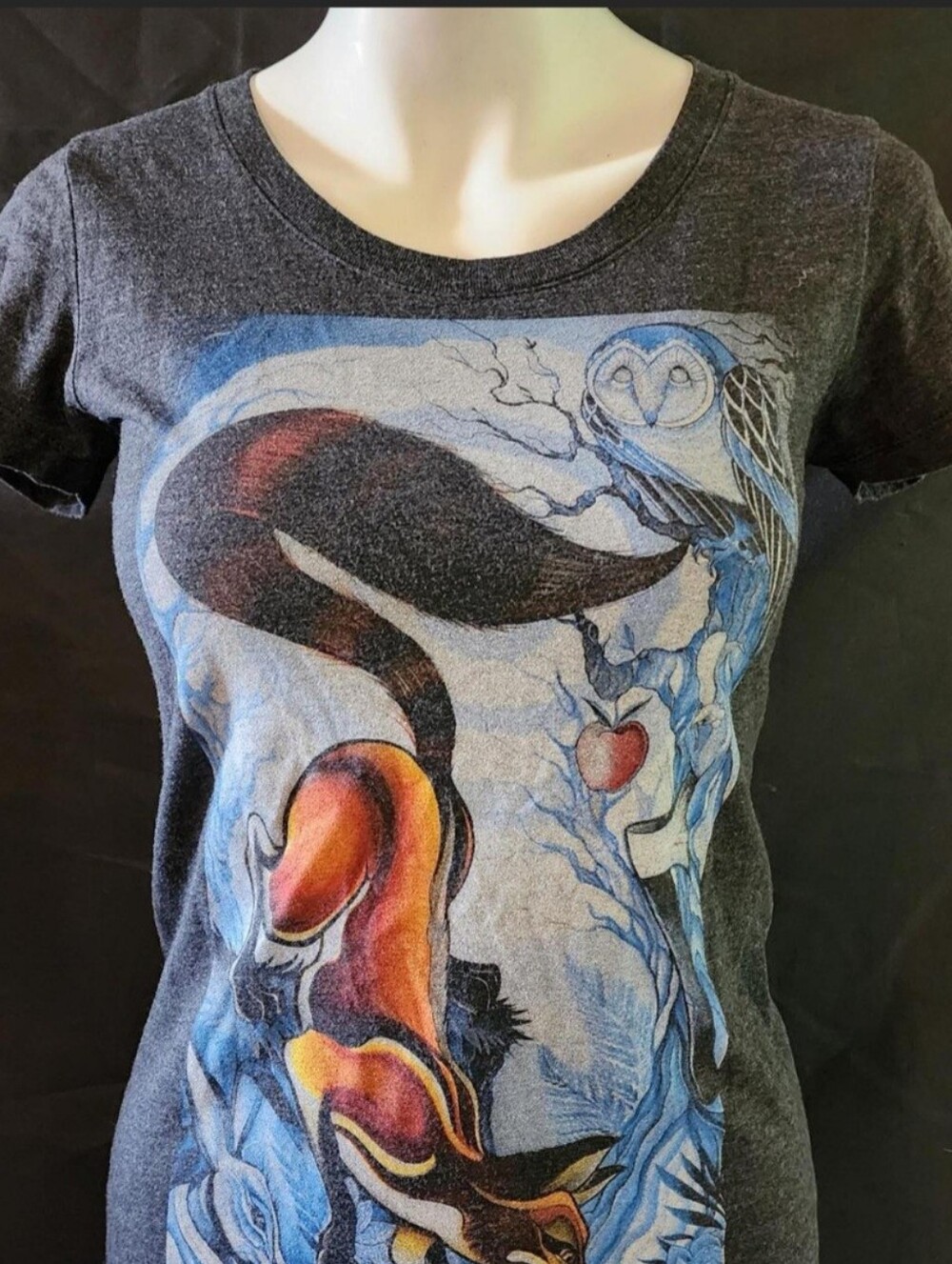 Women's Charcoal Graphic Tee with Colorful Owl & Fox Print